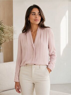 Babaton Aritzia Light Pink Pinstripe V-Neck Long Sleeve Blouse Size S